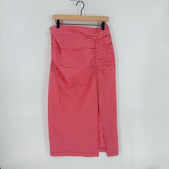 Zara Red White Gingham Midi Skirt Side Slit Mid Rise Ruched Size L Large - Picture 2 of 7